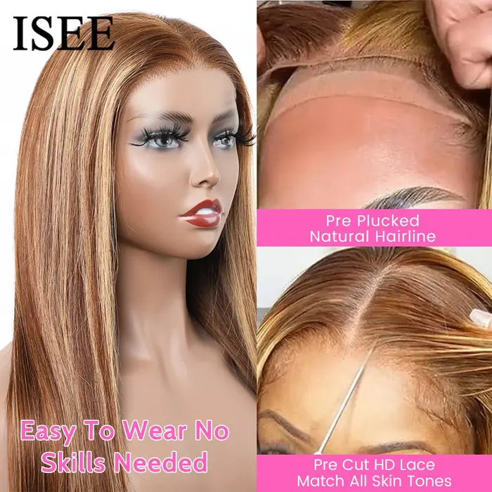 Wear And Go cheveux humains sans colle ISEE perruque brésilienne droite à reflets 6x4 HD dentelle sa