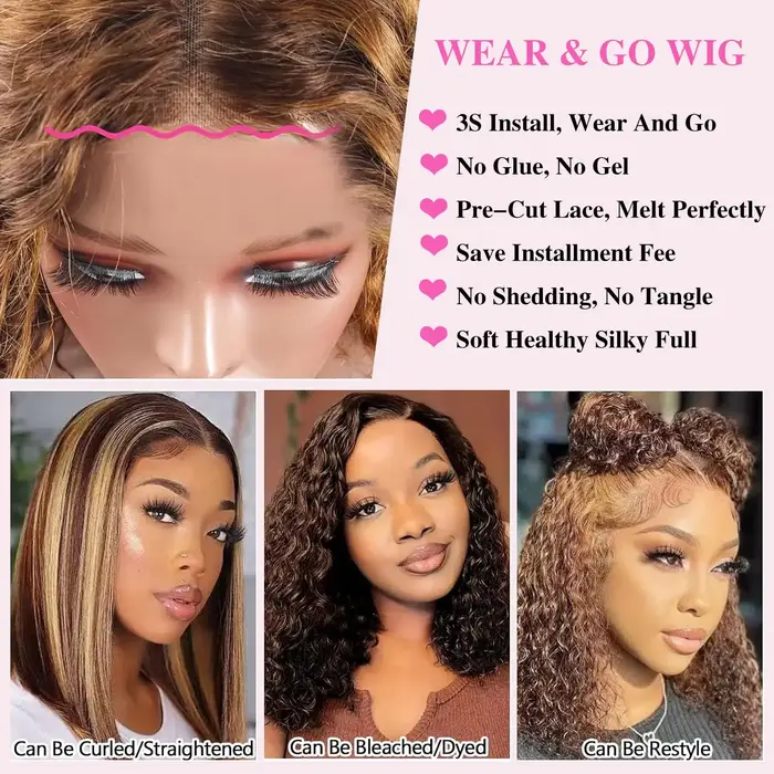 4/27 mettre en évidence la couleur bouclés Bob perruque cheveux humains vague profonde 200% densité