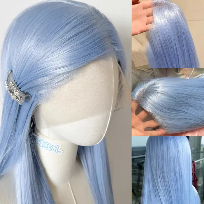 Perruque Lace Front Wig synthétique bleu bébé 26 pouces