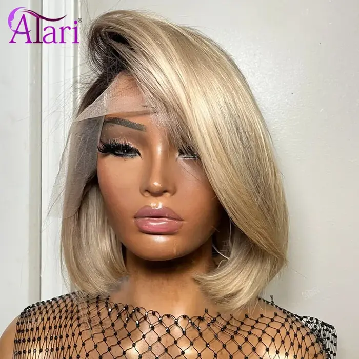 Perruques Bob Courtes en Cheveux Humains Couleur Blond Ombré avec Racines Brunes, Densité 180, Front