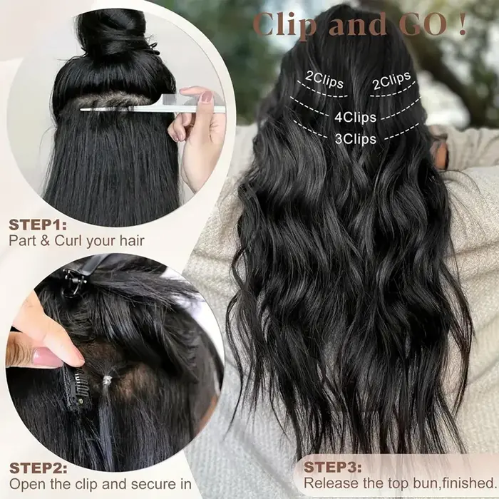 Extension capillaire synthétique longue bouclée noire résistante à la chaleur, 20 pouces, 5 pièces/ensemble, postiche pour femmes 