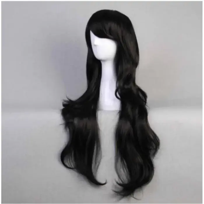 Perruque de cosplay Marceline la Reine des vampires, longue, noire, ondulée et bouclée, bijoux de mo