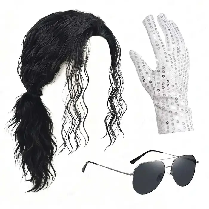 Perruque synthétique noire pour homme, style mulet, avec lunettes et gants, longue et bouclée, années 70-80, style rocker star punk, pour fête, Halloween, cosplay Michael Jackson