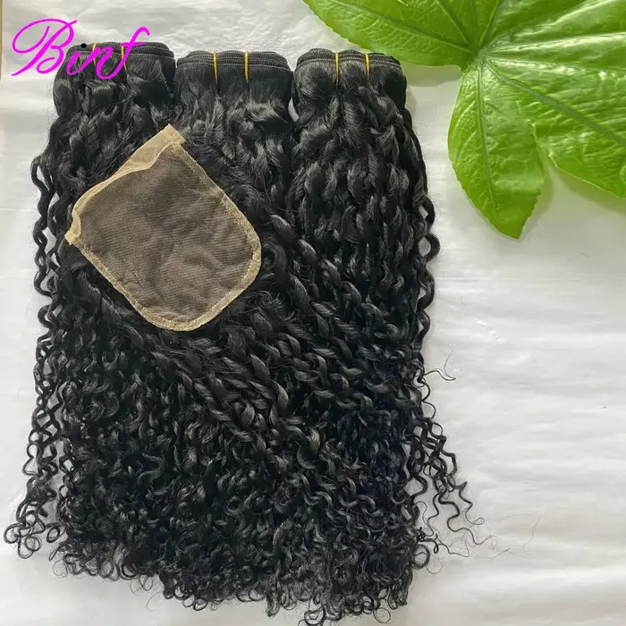 Lots de Cheveux Humains Bouclés Pixie Birmans en Gros avec Fermeture en Dentelle HD, Offre Spéciale
