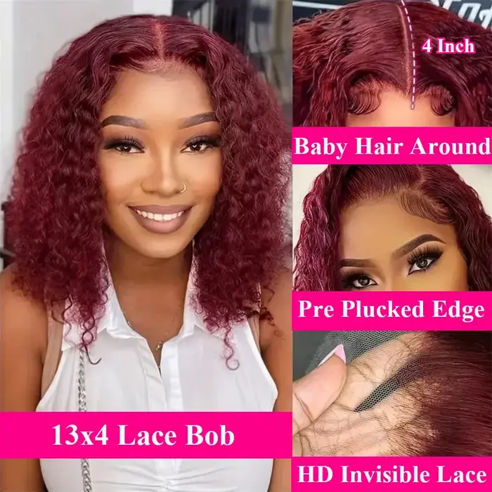 Perruque Lace Frontale 13x4 Courte Bob Bouclée Kinky Pré-Pluckée 99J Deep Wave Cheveux Humains Bourgogne Perruques