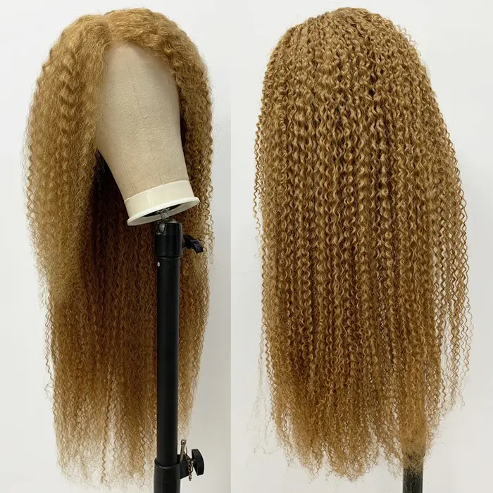 Perruques avant en dentelle 13x4 blond miel bouclés crépus # 27 perruques de cheveux humains crépus 