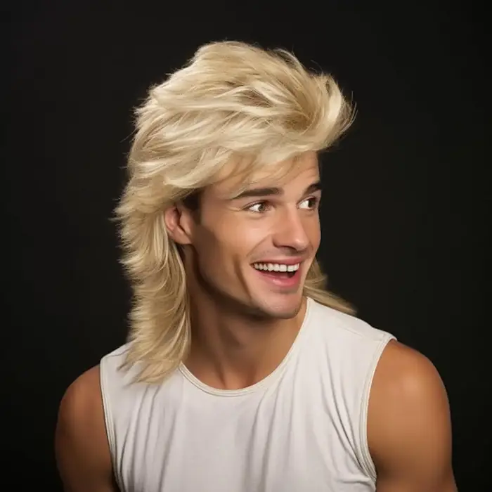 Perruque de mulet synthétique longue blonde faite à la machine pour hommes des années 70 et 80 Costume fantaisie fête bouclée Punk Rocker Costumes d'Halloween utilisation masculine