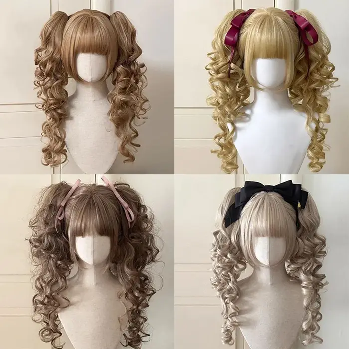 Perruque Lolita synthétique coupe princesse Double queue de cheval avec frange fille Ombre Blonde ma