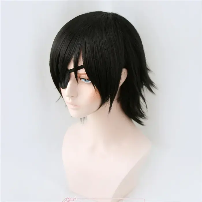 Himeno perruque tronçonneuse homme noir court moelleux couches cheveux synthétiques avec yeux Patch résistant à la chaleur Costume fête jouer
