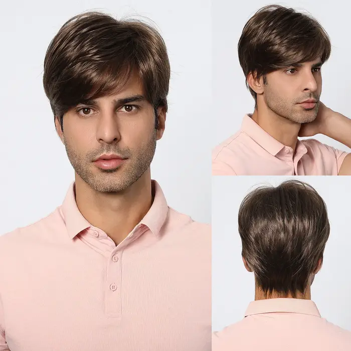Perruques Bob Pixie Cut avec Frange pour Hommes, Cheveux Bruns Naturels, Courts et Lisses, Couches, 