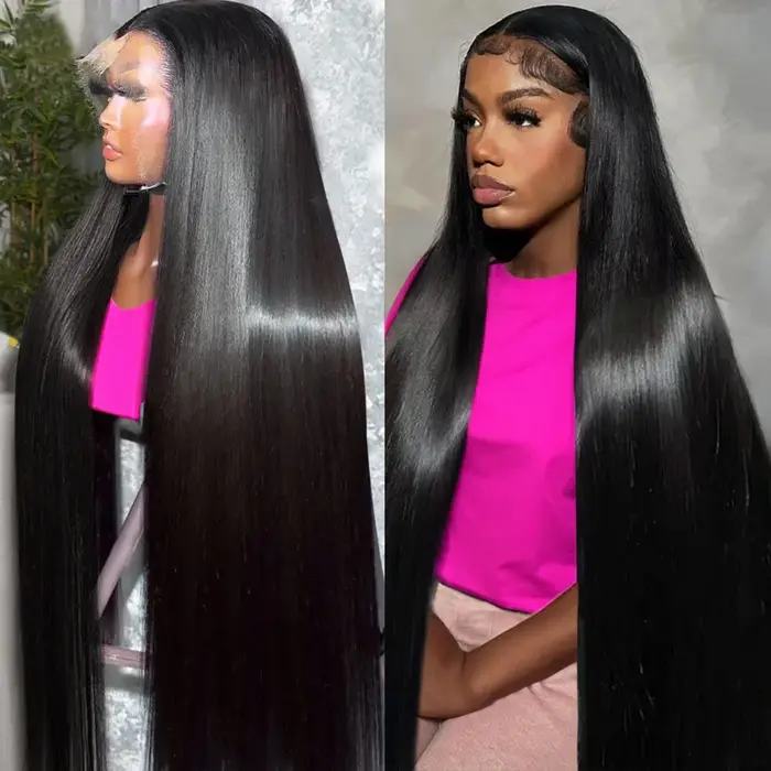 Perruques pré-épilées en cheveux humains Remy lisses, longues, densité 200, avec dentelle transparen
