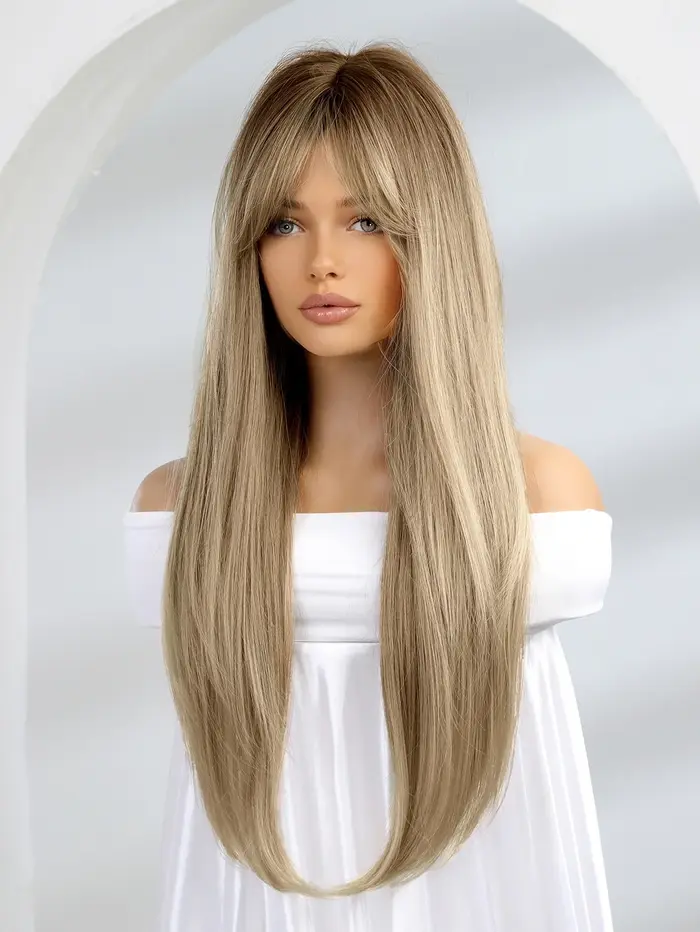 Perruque longue blonde et brune ombrée avec frange