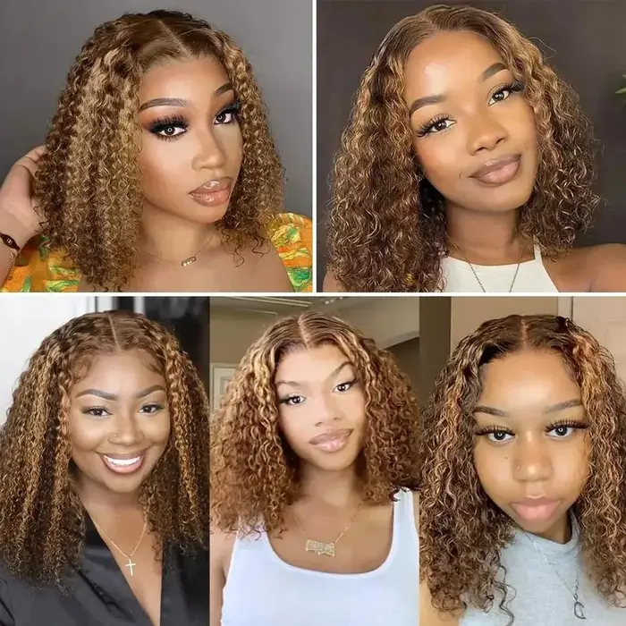 Perruque courte bouclée bob avec mèches blond miel 4/27