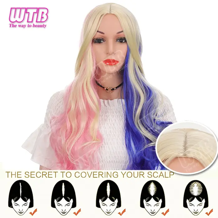 WTB Perruque synthétique rose et bleue à blocs de couleurs