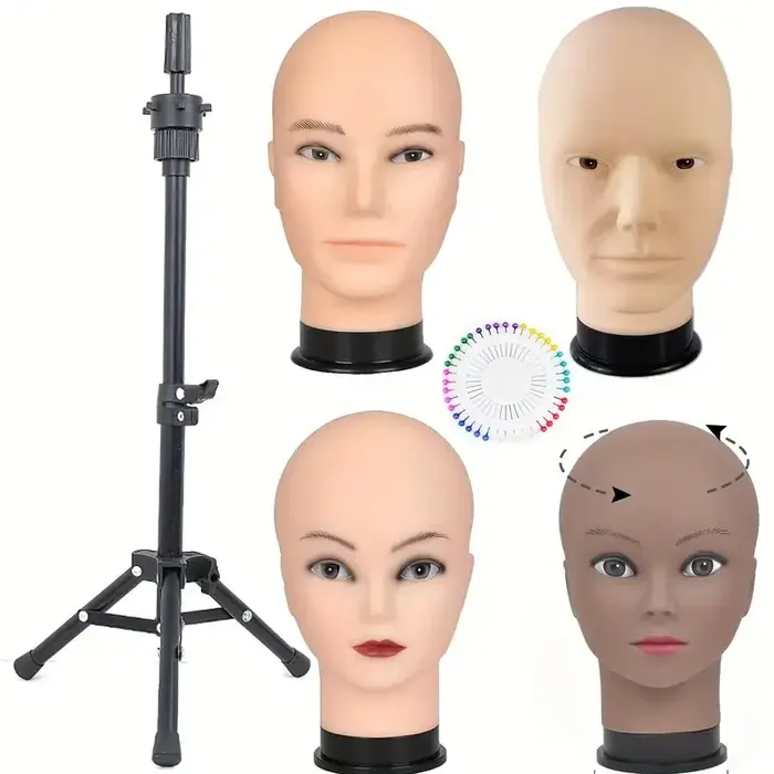 Tête de Mannequin chauve avec trépied de coiffure noir