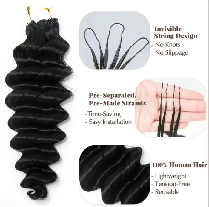 Extensions de cheveux au crochet sans nœuds, pré-séparées, ondulées profondes, 100 % cheveux humains