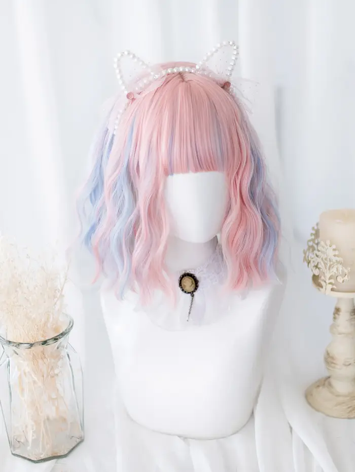 Perruques synthétiques Double couleur bleu rose de 12 pouces avec frange