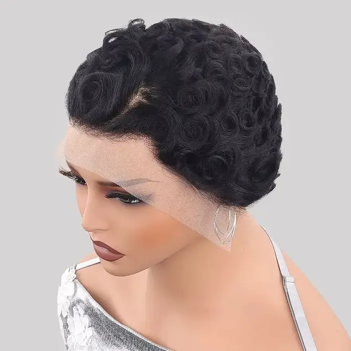 Perruque Courte Bouclée Chic et Élégante en Cheveux Humains 100% Naturels