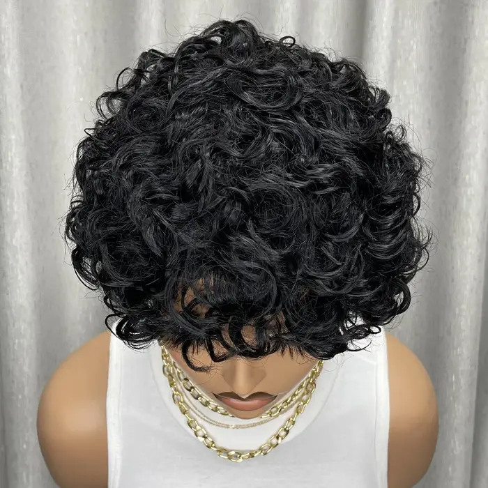 Perruque de cheveux humains crépus bouclés, Bob court avec frange pour femmes noires, faite à la Mac