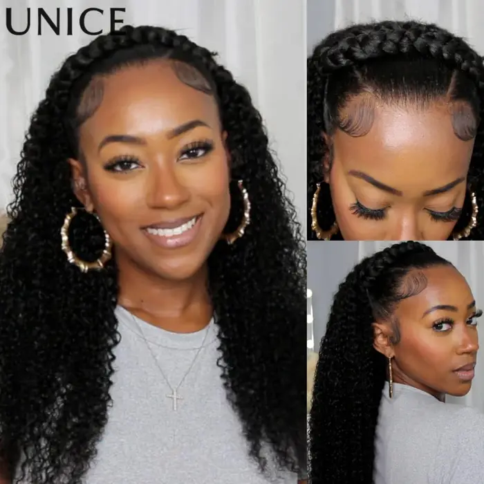 Perruque mi-tête UNICE à cordon de serrage, bouclée et crépue, avec bords 4C, ligne de cheveux natur