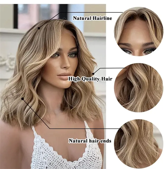 Perruque synthétique à dentelle HD avec mèches brunes ombrées blondes, perruque de fête et de tous l