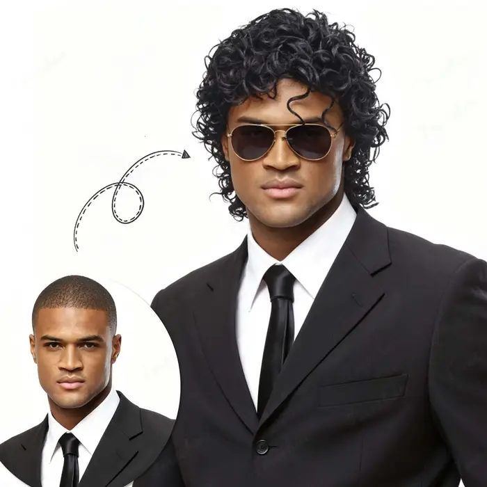 Perruque courte noire bouclée style rocker disco pour hommes avec lunettes