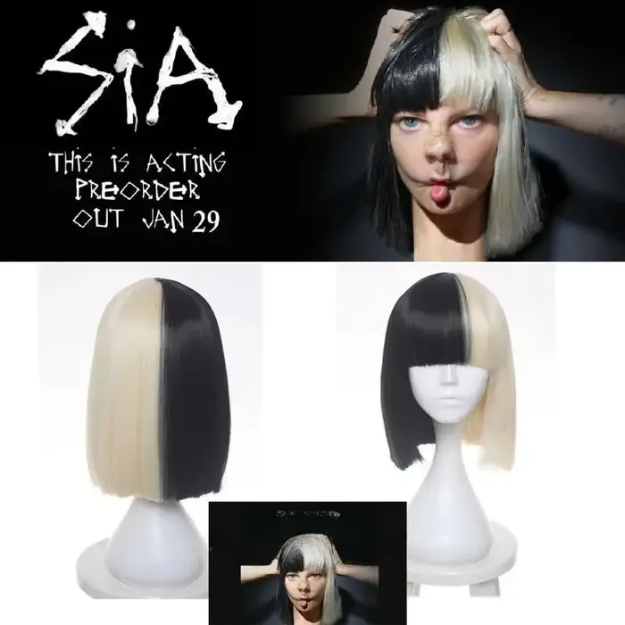 Perruque de cosplay de haute qualité Sia Alive This Is Acting, courte et droite, mi-noire et mi-blon