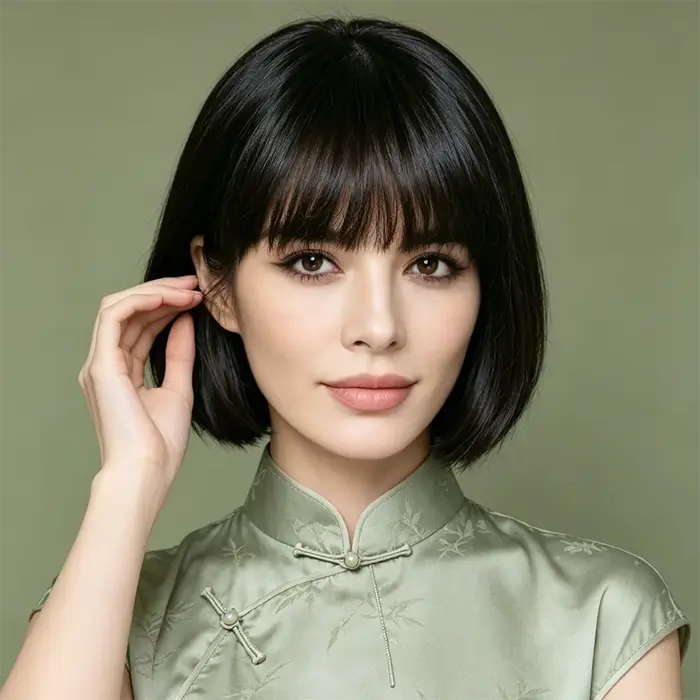 Perruque courte droite en cheveux humains avec frange complète, aspect naturel, entièrement fabriqué