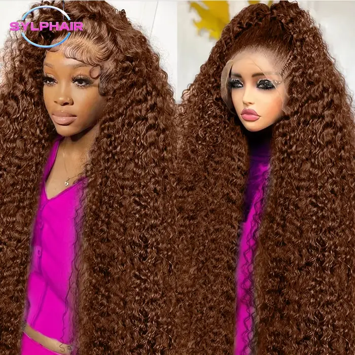 Perruques bouclées profondes cheveux humains brun chocolat 13x4 13x6 Hd dentelle frontale perruque c
