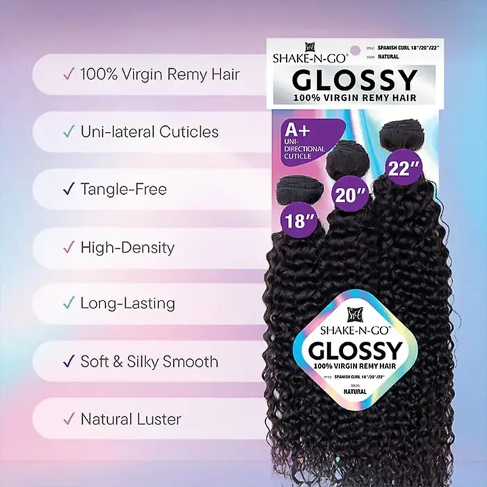 Shake-N-Go Tissage de cheveux vierges Remy brillants 3 paquets Curl espagnol – Doux, brillant, aspec
