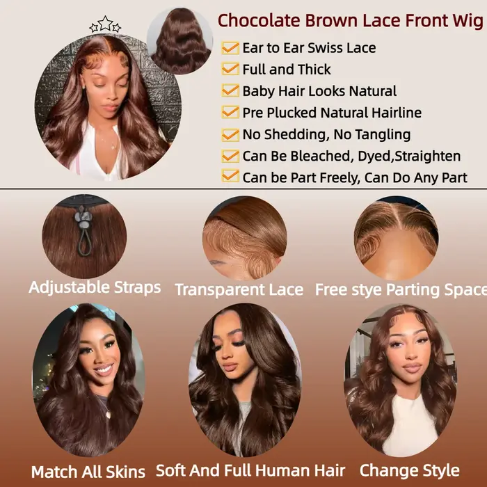 Perruque Lace Frontale 13x6 Ondulée Chocolat Marron 30 36 Pouces, Cheveux Humains Pré-Pluckés Coloré