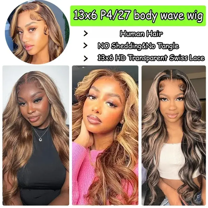 Perruques Ombrées Highlight Body Wave en Cheveux Humains, Perruque Frontale HD Lace 13x4 13x6, Densi