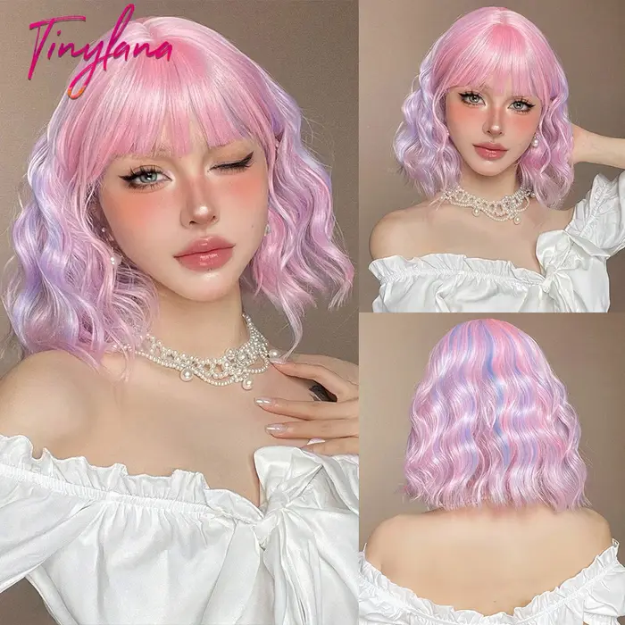 Perruques Synthétiques Bouclées avec Frange pour Femme, Perruque Bob Courte, Perruque Cosplay Coloré