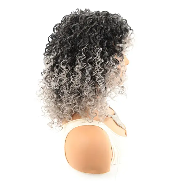 Jeedou perruque de cheveux courts bouclés avec frange perruques pour femmes noir gris mélange couleur coiffure moelleuse