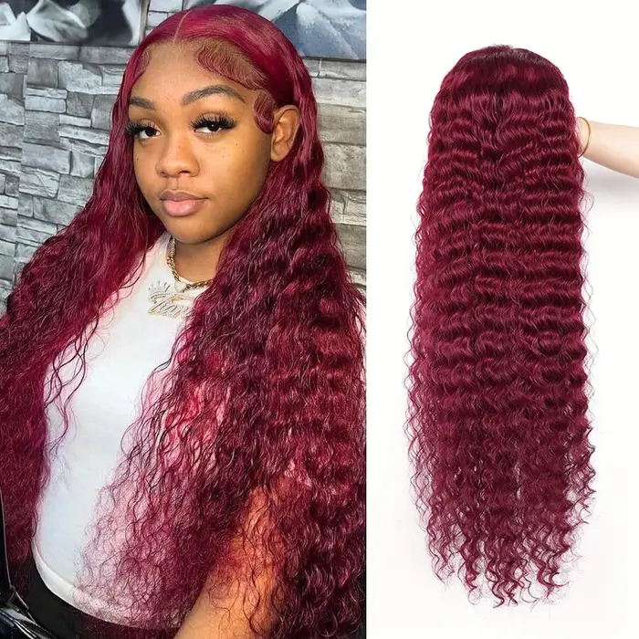 Perruques Deep Wave 99J Bourgogne, Perruque Frontale HD Lace 13x6, Perruques Frontales HD Transparen