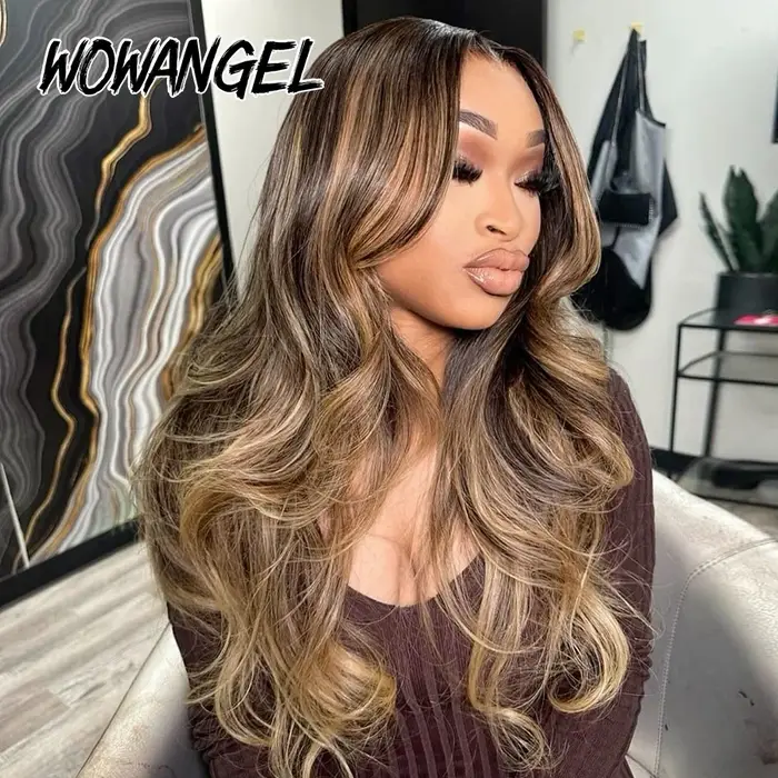 WOWANGEL Perruque Blonde Miel Balayage avec Mèches, Cheveux Humains Ondulés, Perruques Sans Colle en