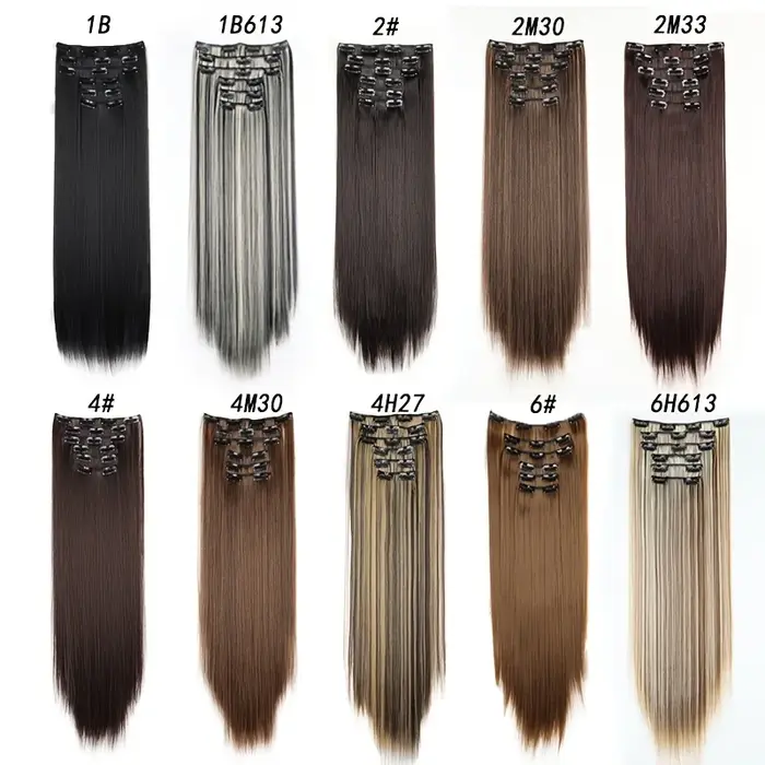 Extensions de cheveux synthétiques blondes et noires, 24 pouces de long, lisses, résistantes à la chaleur, 16 clips, 6 pièces/ensemble
