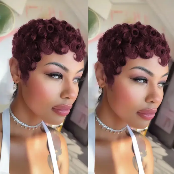 99J court couches Pixie bouclés perruques cheveux humains rouge foncé Chic Pixie coupe perruque de c