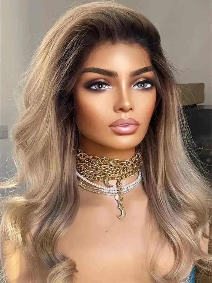 Perruque Lace Front Wig synthétique de haute qualité, perruque ombrée marron chaud blond pour femmes