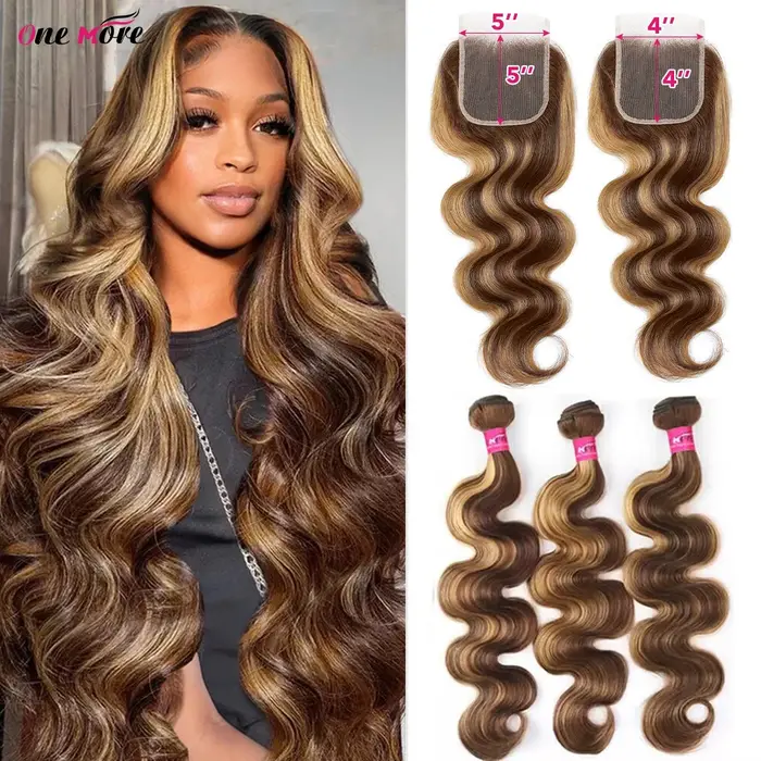 Lot de 5x5 mèches de cheveux humains blond miel ondulées avec closure, couleur ombrée et mèches cont
