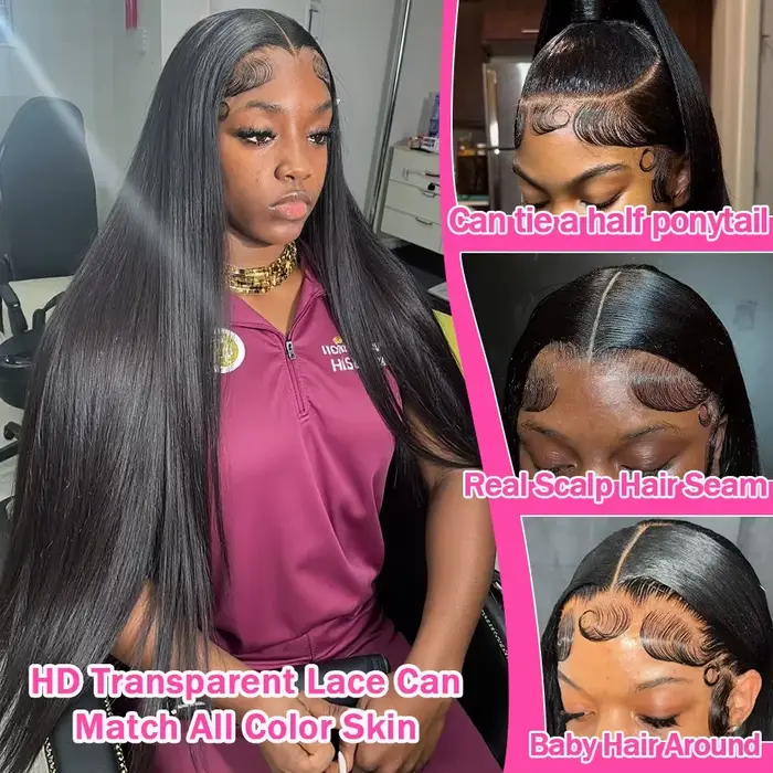 Perruque en cheveux humains lisses 13x4 avec dentelle frontale HD de 30 à 36 pouces, perruque en den