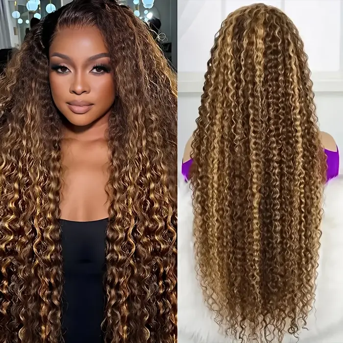 Perruques Lace Front en Cheveux Humains 30-40 Pouces 13x4/13x6 HD P4/27 Blond Miel Ombré Deep Wave P