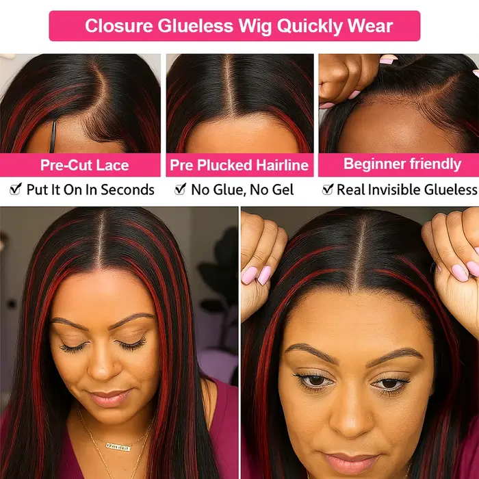 200% amélioré 1B/99J noir avec os rouge droite 5x5 mettre en évidence perruque cheveux humains brési