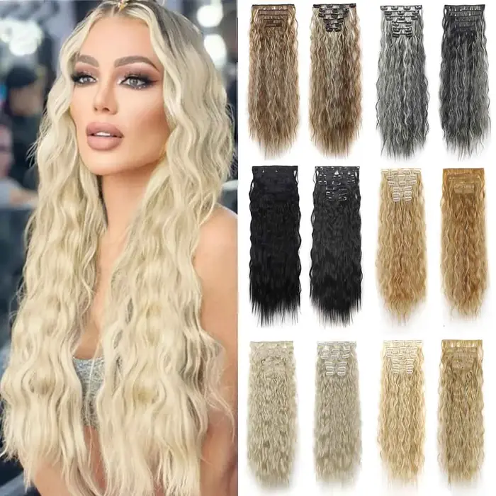 Extensions de cheveux synthétiques ondulées à clipser