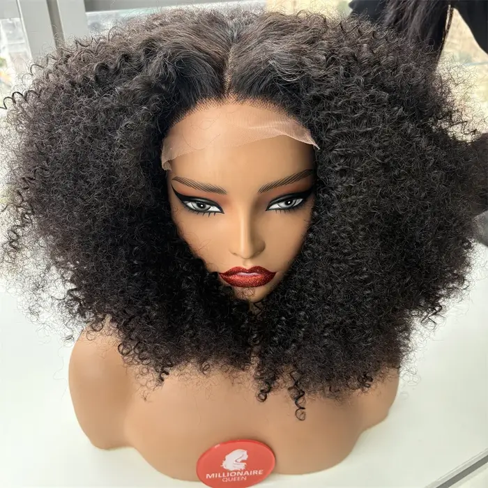 Millionaire reine sans colle perruque cheveux humains Afro crépus bouclés 5x5 fermeture dentelle per