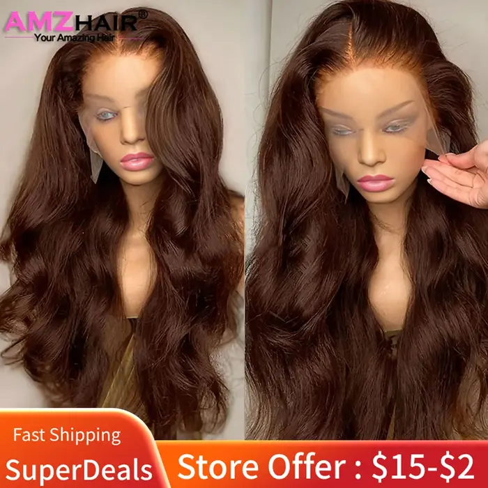 Perruques AMZhair Châtain Chocolat Cheveux Humains Ondulés Dentelle Transparente HD Perruque Frontal