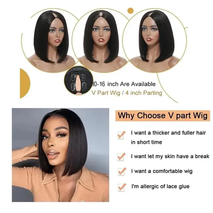 V partie perruque cheveux humains pour femmes court Bob droite sans colle brésilien Remy Bob pince en demi