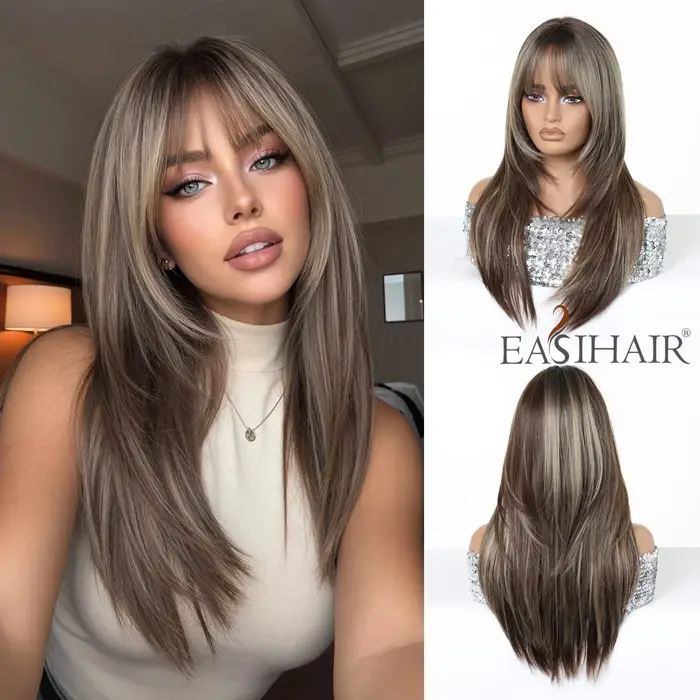 Perruque longue et droite ombrée blond-brun pour femmes avec frange douce