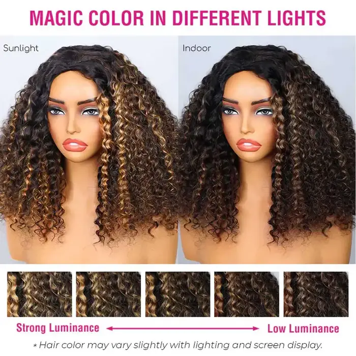 Demi-perruque en cheveux naturels InvisiFit Strap Blonde Highlight Kinky Curly 3-en-1 à cordon de serrage