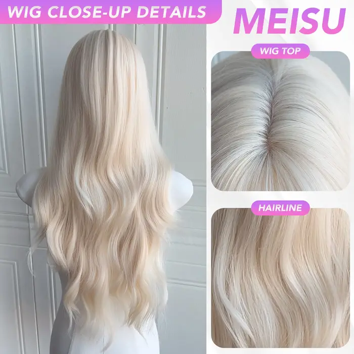 MEISU 26 pouces synthétique vague bouclée à l'eau perruques Air frange cheveux PLATINUM résistant à 